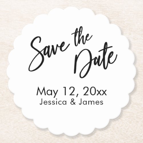 Handwriting Typography Save the Date Black  White Paper Coaster