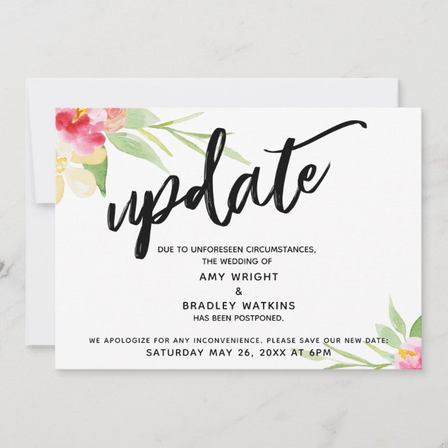 Handwriting "Update" Flowers Postponed Wedding Invitation (Front)