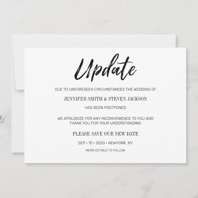Handwriting "Update" Postponed Wedding Invitation (Front)