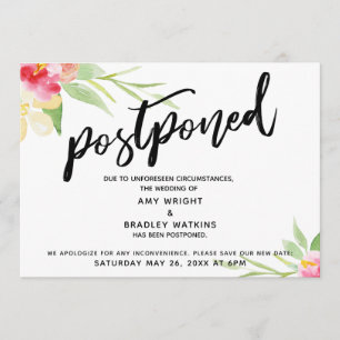 Handwriting Watercolor Flowers Postponed Wedding Invitation