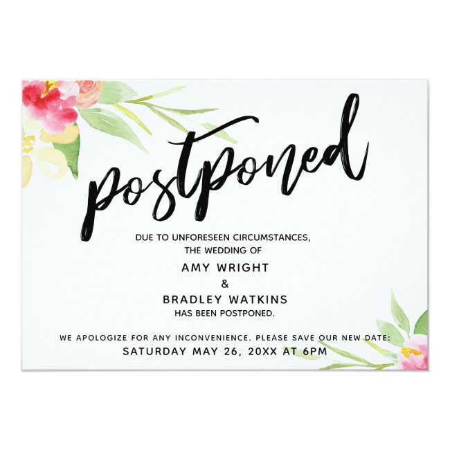 Handwriting Watercolor Flowers Postponed Wedding Invitation