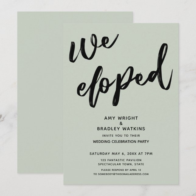 Handwriting We Eloped Wedding Reception Sage Green Invitation (Front/Back)