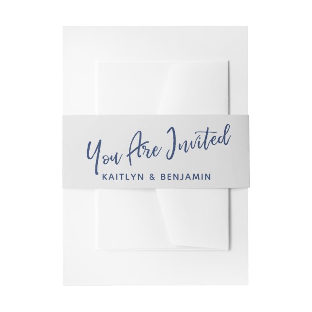 Handwriting You Are Invited Navy & Gray Invitation Belly Band (Front Example)