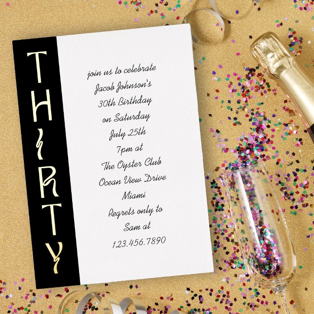 Handwritten 30th Birthday Black White and Gold Foil Invitation (Luxe black white and gold foil handwritten 30th Birthday Invitation)
