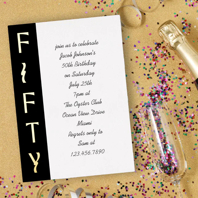 Handwritten 50th Birthday Black White and Gold Foil Invitation | Zazzle