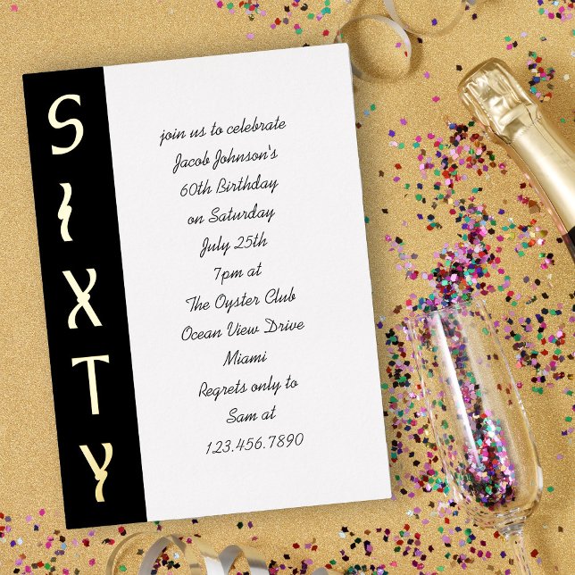 Handwritten 60th Birthday Black White and Gold Foil Invitation (Luxe black white and gold foil handwritten 60th Birthday Invitation)
