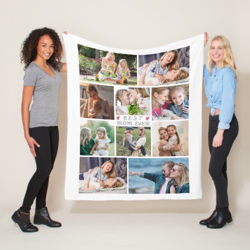 Handwritten BEST MOM EVER 10 Photo Collage White Fleece Blanket