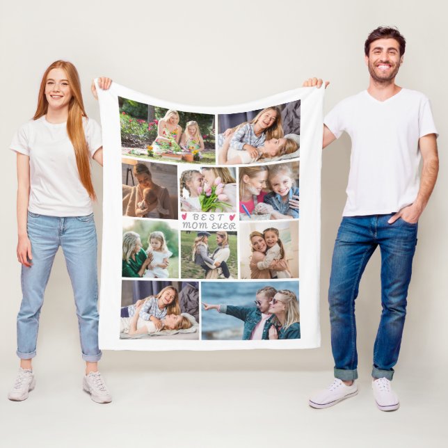 Handwritten BEST MOM EVER 10 Photo Collage White Fleece Blanket (In Situ)