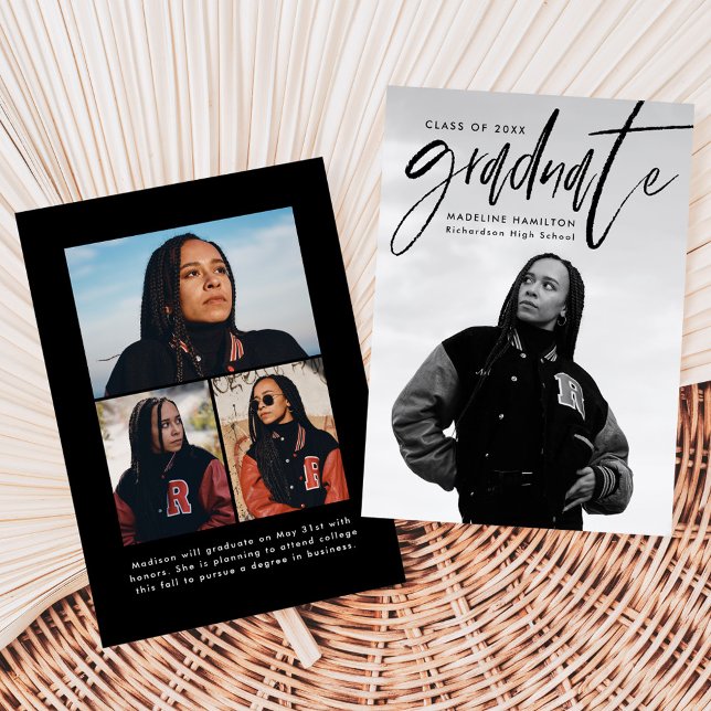 Handwritten Black Brush Script 4 Photo Graduation Announcement (Creator Uploaded)