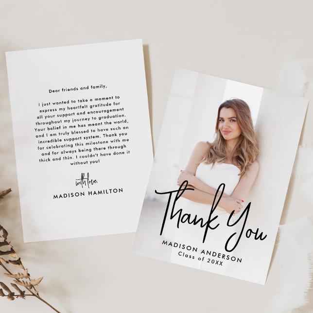 Handwritten Black Script Photo Graduation Thank You Card (Creator Uploaded)