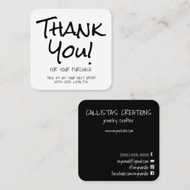 Handwritten Black White Customer Thank You Square Business Card (Front/Back)