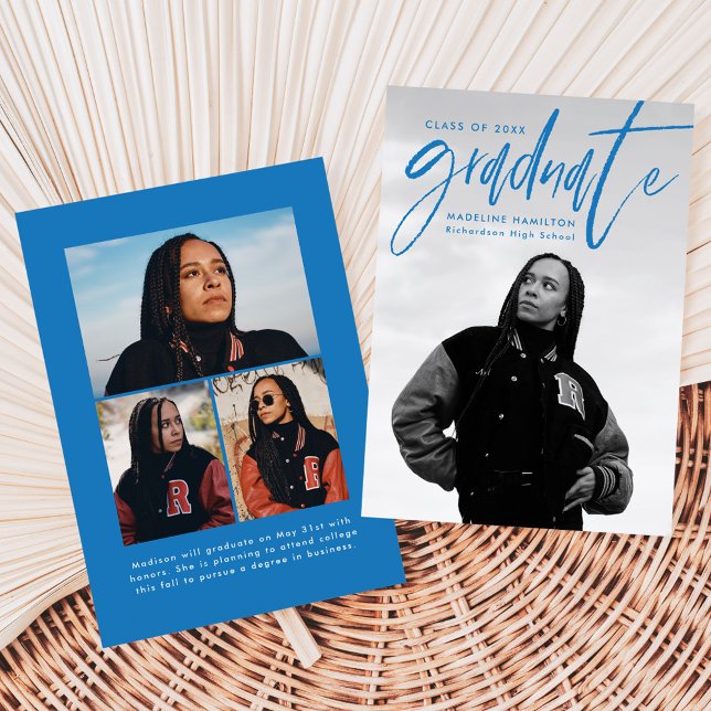 Handwritten Blue Brush Script 4 Photo Graduation Announcement (Creator Uploaded)
