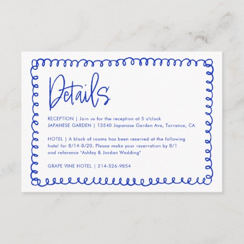 Handwritten Blue French Retro Wedding Details Enclosure Card