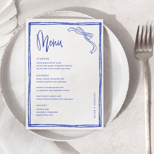 Handwritten Blue French Wedding Table  Menu