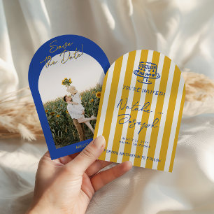 Handwritten Blue Yellow Photo Arched Wedding Save The Date