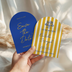Handwritten Blue Yellow Pinstripes Arched Wedding Save The Date