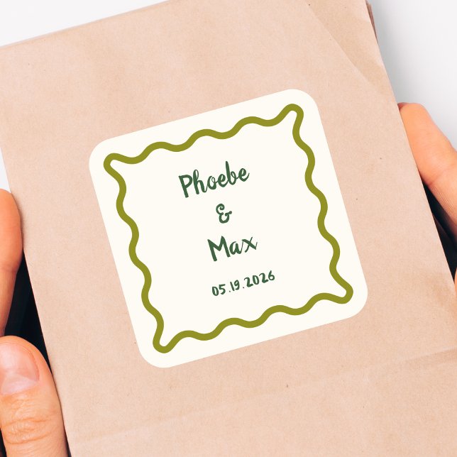 Handwritten Bold Whimsical Wavy Border Wedding  Square Sticker (Creator Uploaded)