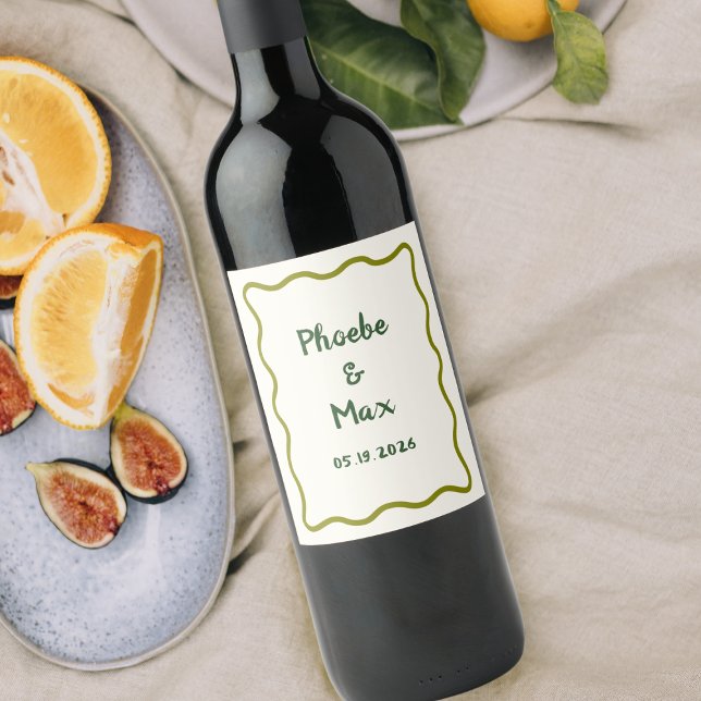 Handwritten Bold Whimsical Wavy Border Wedding  Wine Label (Add a trendy touch to your wine with this modern custom label, ideal for any special occasion.)