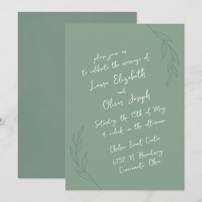 Handwritten Botanical Green Wedding Invitations (Front/Back)