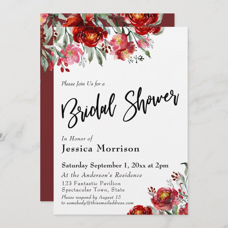 Handwritten Bridal Shower Burgundy Red Flowers Invitation | Zazzle