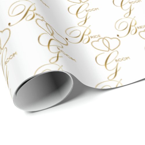 Handwritten Bride and Groom Gold Hearts Wrapping Paper