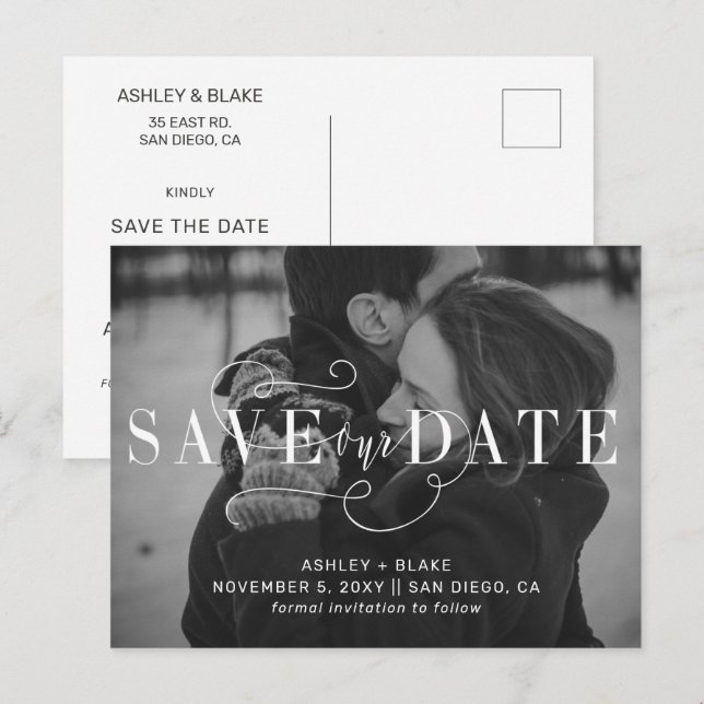 Handwritten Calligraphy Photo Save the Date Announcement Postcard (Front/Back)