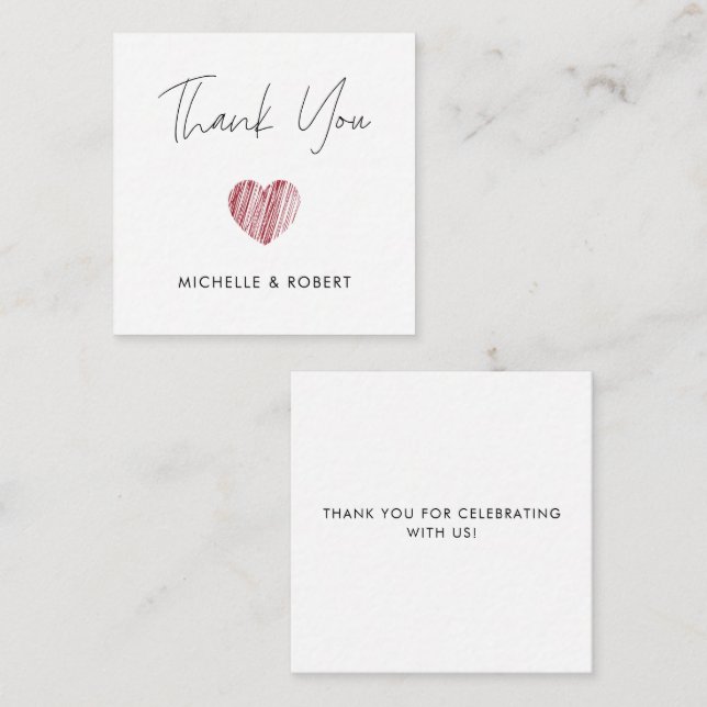 Handwritten Calligraphy Red Heart Thank You  Note Card (Front/Back)