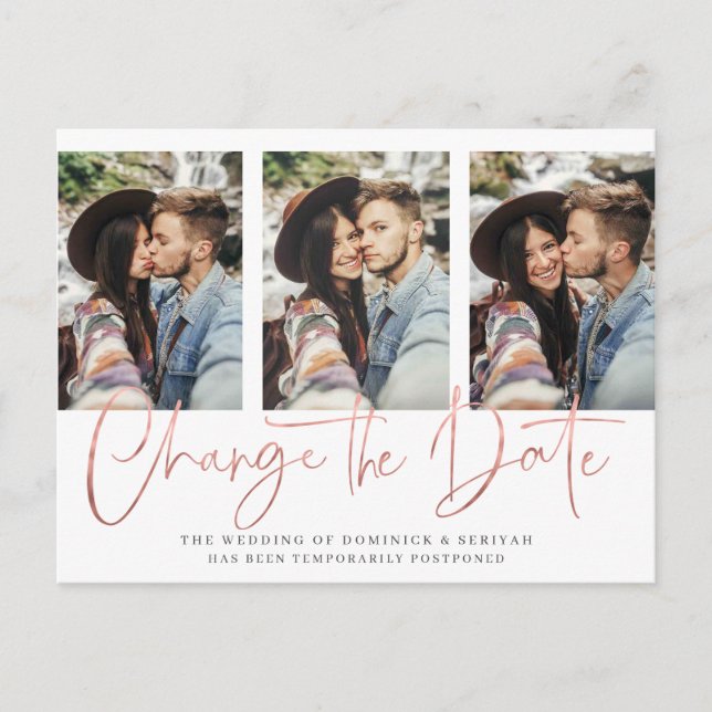 Handwritten Chic Rose Gold Wedding Postponement Postcard (Front)