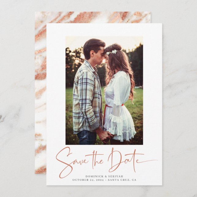 Handwritten Copper Rose Gold Marble Save the Date (Front/Back)