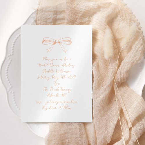 Handwritten Coquette Bow Peach Bridal Shower Invitation