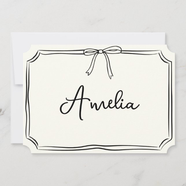 Handwritten Custom Name Bow Chic Modern Notecard (Front)
