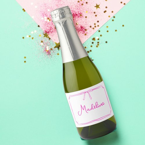 Handwritten Custom Name Bow Mini Champagne  Sparkling Wine Label