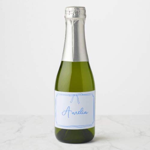 Handwritten Custom Name Coquette Bow Blue Notecard Sparkling Wine Label