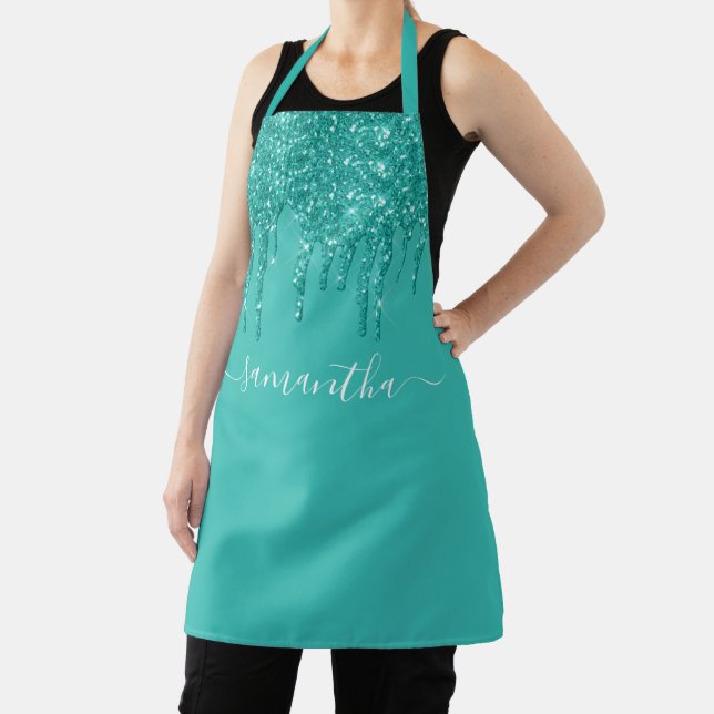 Handwritten Custom Script Robin's Egg Blue Glitter Apron (Insitu)