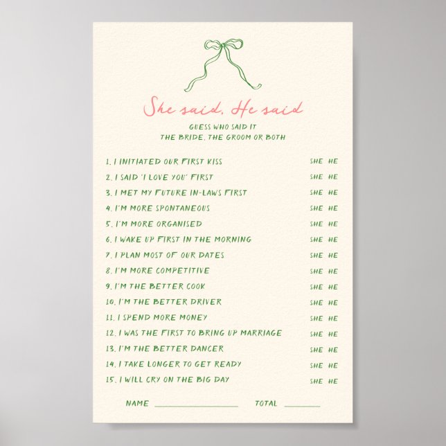 Handwritten Downloadable She said He said Game Poster (Front)