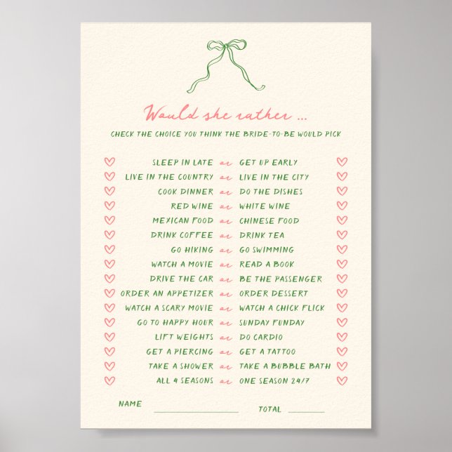 Handwritten Downloadable Would She Rather Game Poster (Front)