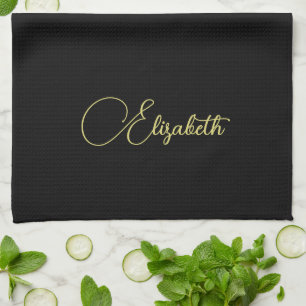Handwritten Faux Gold Name Template Black Elegant Kitchen Towel