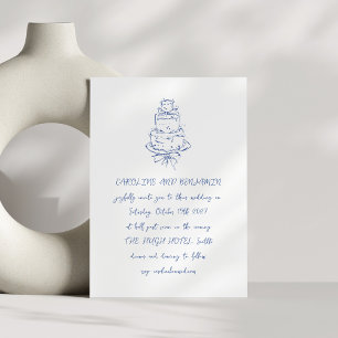 Handwritten French Blue Doodles Chic Wedding Cake Invitation