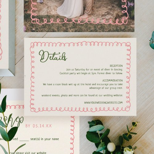 Handwritten French Pink and Green Wedding Details  Enclosure Card