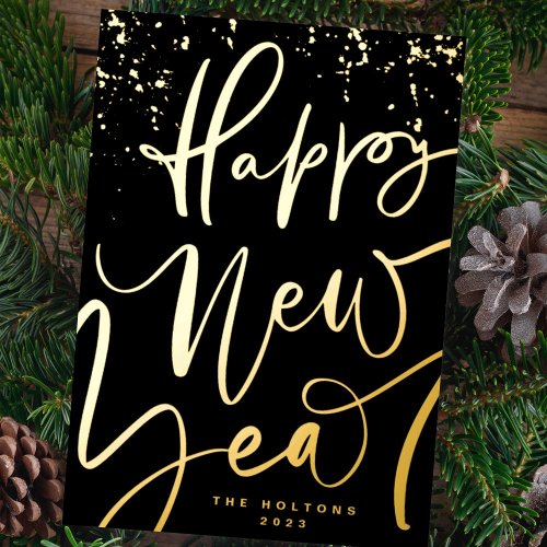 HANDWRITTEN GOLD HAPPY NEW YEAR 2025 FOIL HOLIDAY CARD