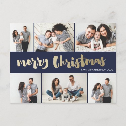 Handwritten Gold Merry Christmas Photo Collage Holiday Postcard