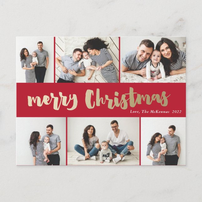 Handwritten Gold Merry Christmas Photo Collage Holiday Postcard (Front)