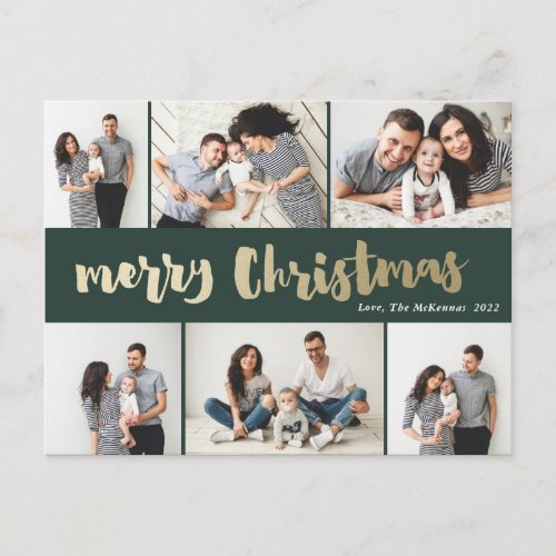 Handwritten Gold Merry Christmas Photo Collage Holiday Postcard