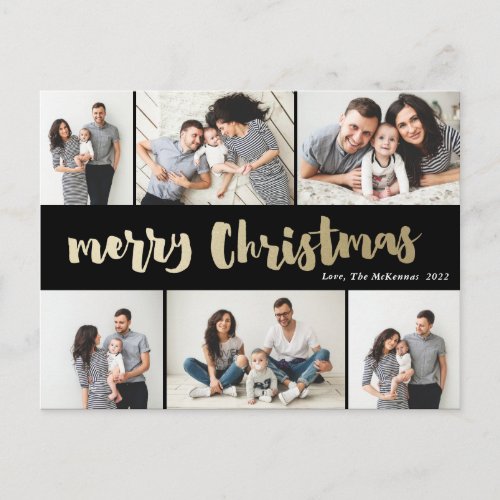 Handwritten Gold Merry Christmas Photo Collage Holiday Postcard