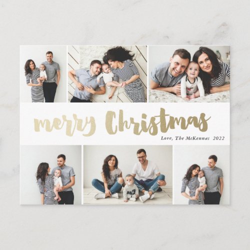 Handwritten Gold Merry Christmas Photo Collage Holiday Postcard