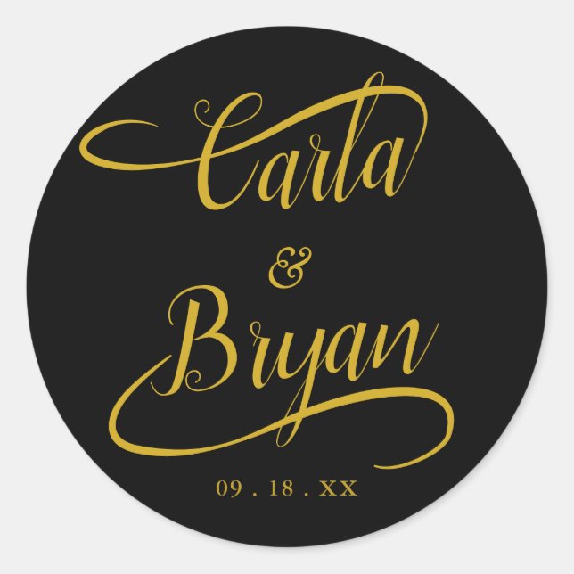 Handwritten Gold Swash Calligraphy Wedding Classic Round Sticker (Front)
