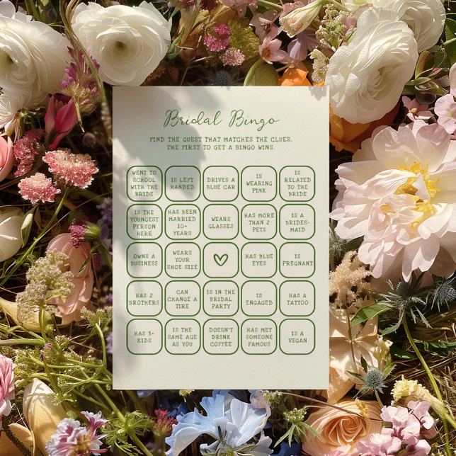 Handwritten Green Bridal Bingo Card
