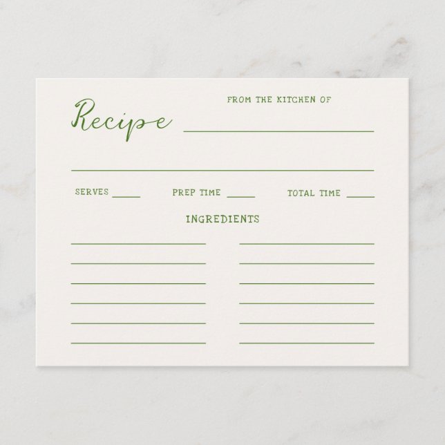 Handwritten Green Bridal Shower Recipe Enclosure Card (Front)