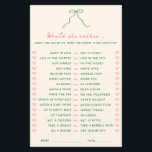 Handwritten Green Pink Would She Rather Game<br><div class="desc">This coral pink and green bridal shower "would she rather" game sheet features a whimsical hand drawn green bow and handwritten casual font.</div>