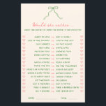 Handwritten Green Pink Would She Rather Game<br><div class="desc">This coral pink and green bridal shower "would she rather" game sheet features a whimsical hand drawn green bow and handwritten casual font.</div>